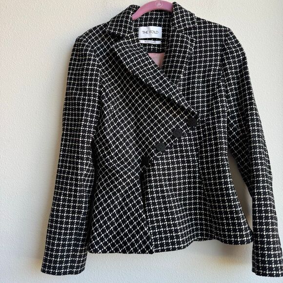 The Fold London Sloane Houndstooth 100% Virgin Wool Asymmetric Blazer SZ 8 /4 US